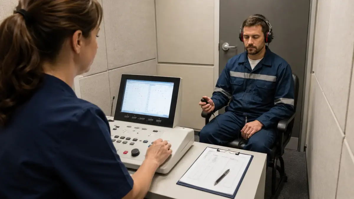 Audiologist conducting a hearing test with a male patient wearing headphones in a soundproof booth, with testing equipment and results displayed on a monitor.