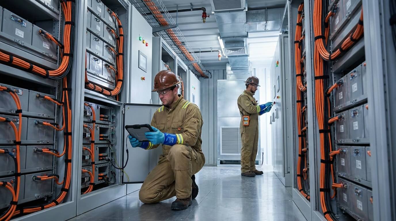 Two electricians in safety gear inspect electrical panels with orange cables in a modern server or utility room, one crouching with a tablet and another standing reviewing documentation.