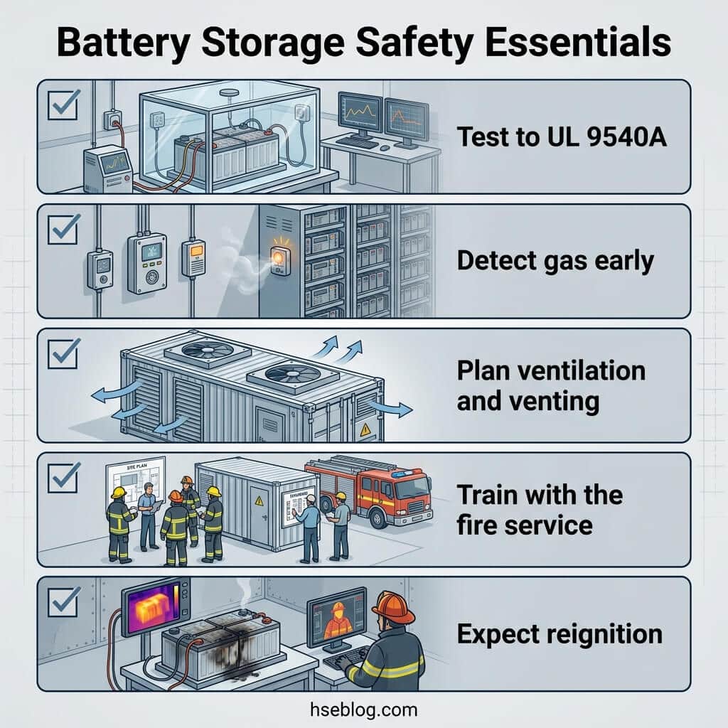 Infographic showing five essential safety guidelines for battery storage: UL 9540A testing, gas detection systems, ventilation planning, fire service training, and reignition monitoring with thermal imaging.