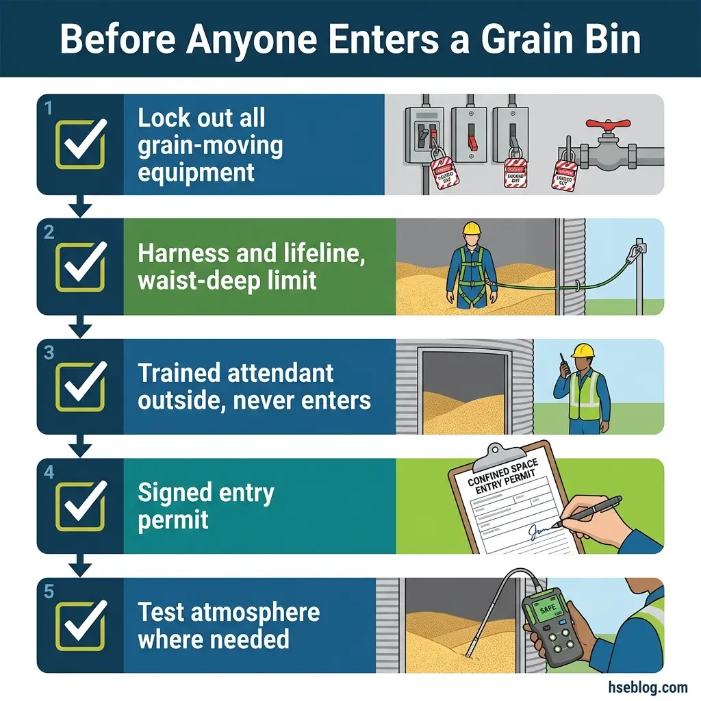 Infographic showing five safety steps required before entering a grain bin, including lockout procedures, harness use, trained attendant supervision, entry permits, and atmosphere testing.