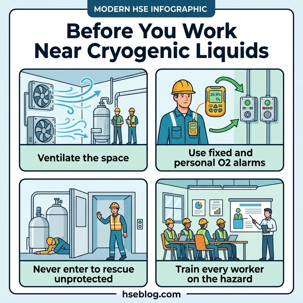 Infographic showing four essential safety precautions for working near cryogenic liquids: proper ventilation, oxygen level monitoring with alarms, never entering unprotected to rescue, and comprehensive worker training.