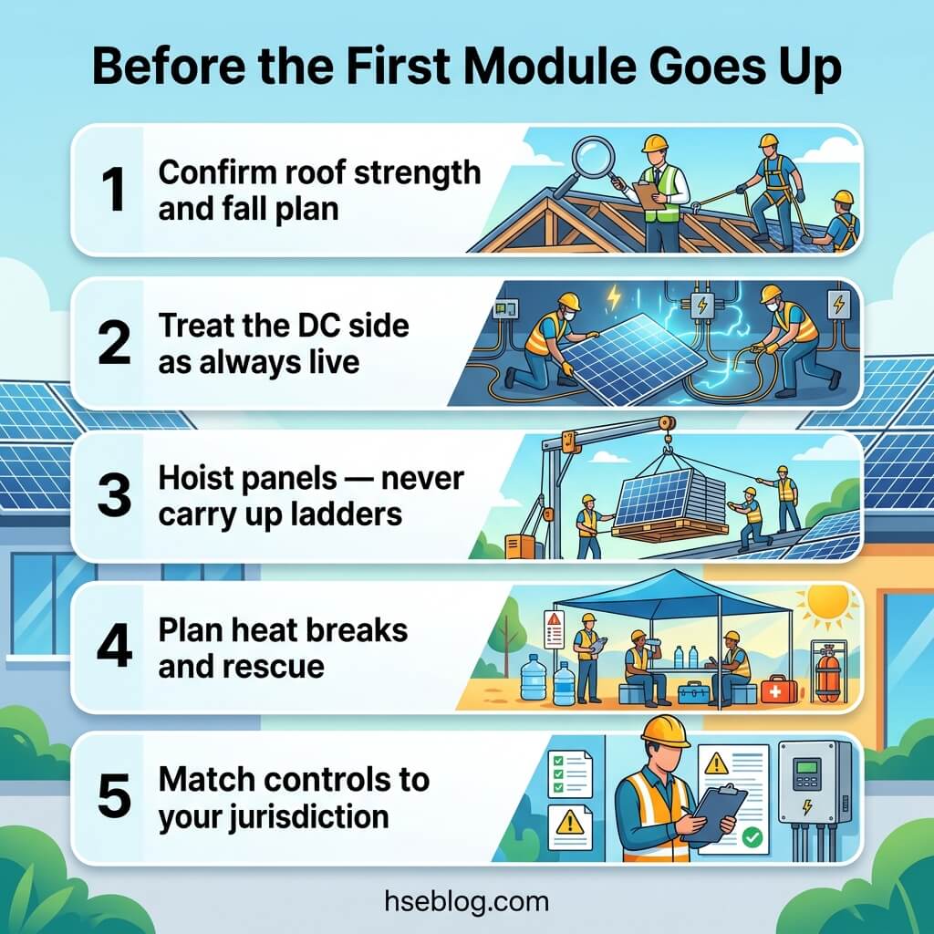 Infographic showing five pre-installation safety steps for solar panel modules: roof assessment, DC safety protocols, hoisting procedures, heat management planning, and jurisdiction compliance requirements.