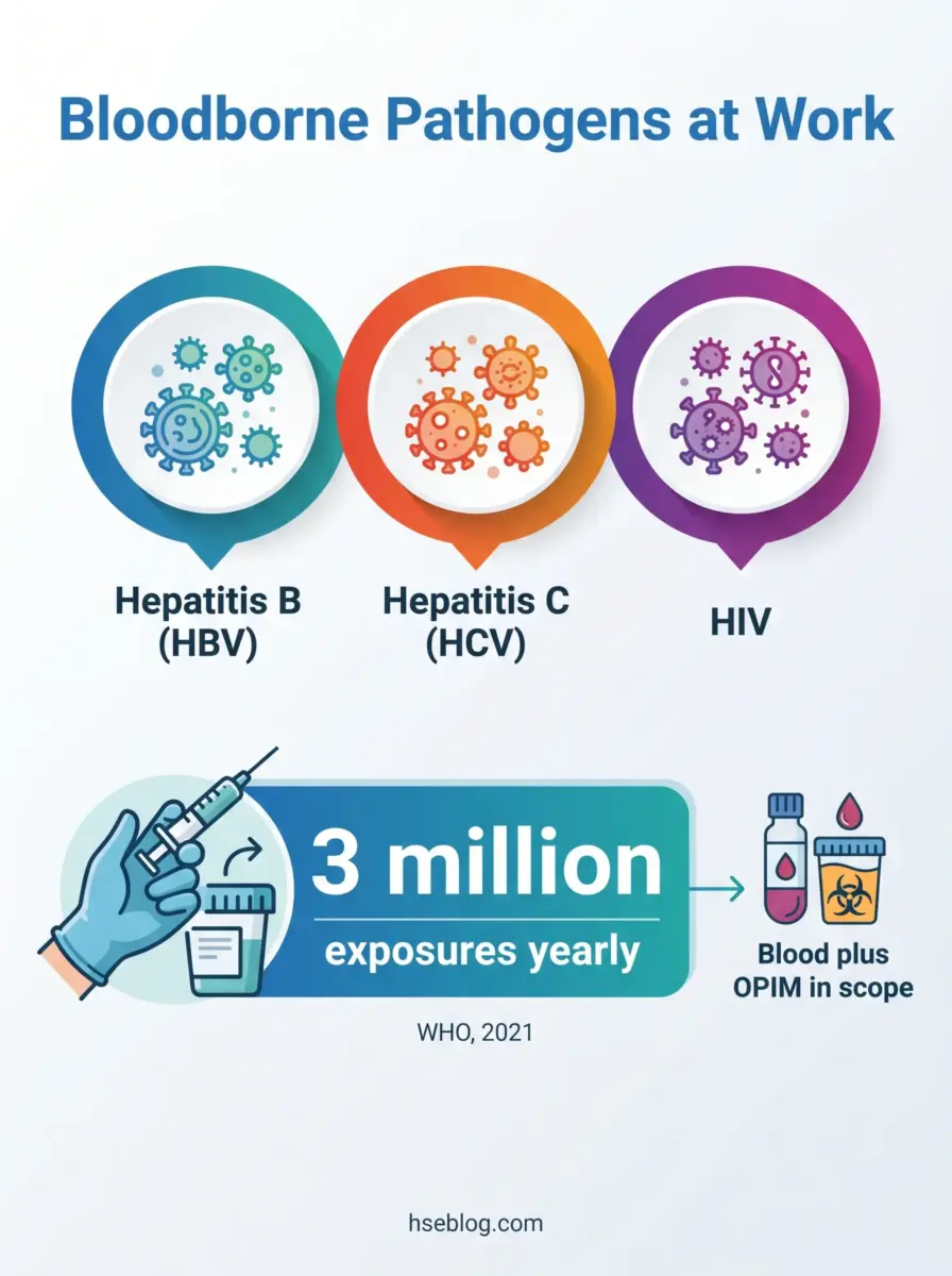 Infographic showing three main bloodborne pathogens—Hepatitis B, Hepatitis C, and HIV—with statistics indicating 3 million workplace exposures yearly involving blood and OPIM.
