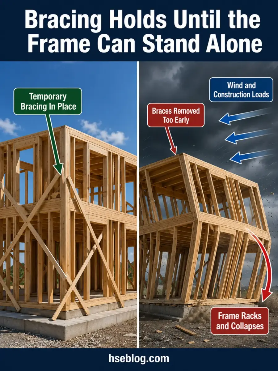 Side-by-side comparison of a wooden house frame with temporary bracing in place on the left, and the same frame collapsed without bracing on the right, demonstrating why temporary bracing is essential during construction.