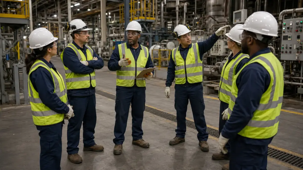 A diverse team of industrial workers wearing white hard hats and high-visibility vests stand in a circle during a safety meeting inside a large manufacturing facility.