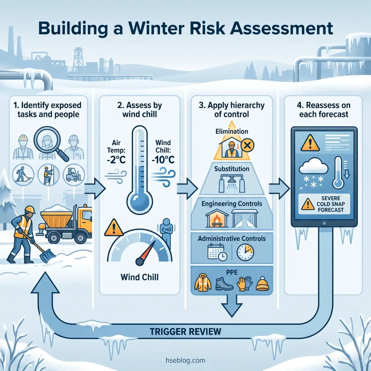 Infographic showing four-step process for building a winter risk assessment: identifying exposed tasks and people, assessing wind chill hazards, applying hierarchy of controls from elimination to PPE, and reassessing on each weather forecast with trigger review.
