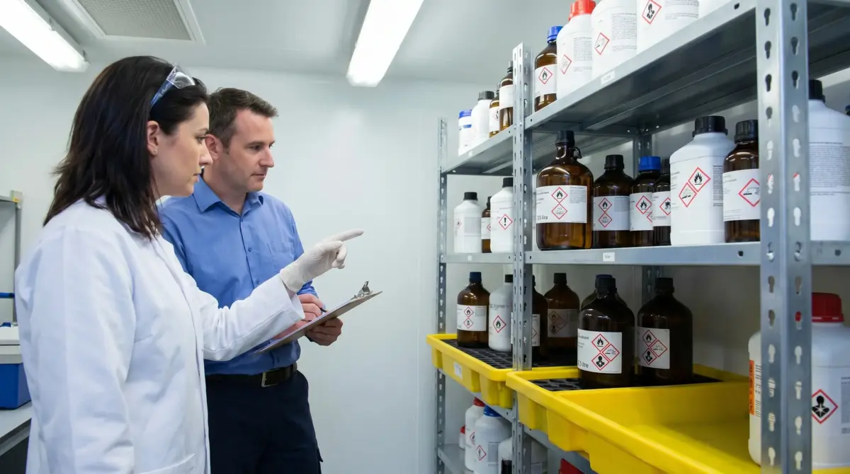 Two laboratory professionals in a chemical storage facility reviewing inventory on a clipboard while examining hazardous material bottles with warning labels on metal shelving with a yellow spill containment tray.