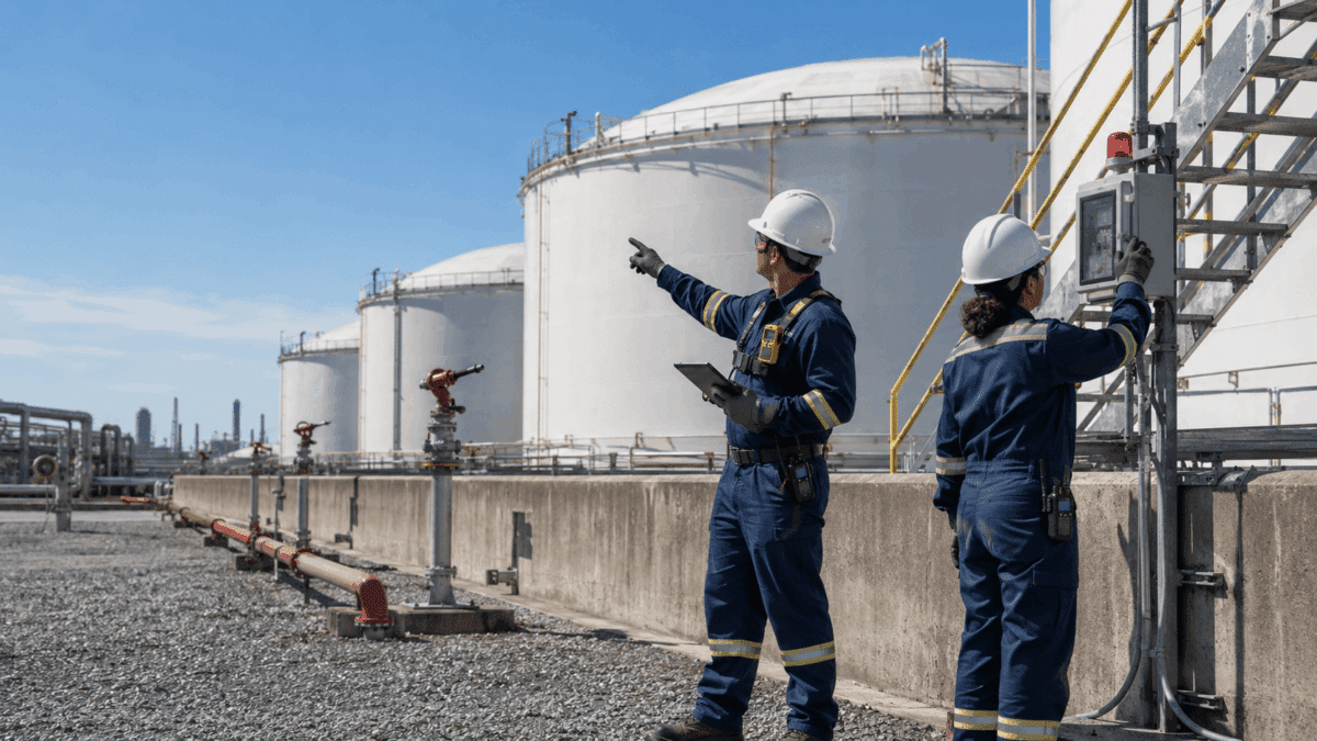 Two industrial workers in safety gear inspect a refinery facility with large storage tanks and red pipe valves in the background under clear blue sky.