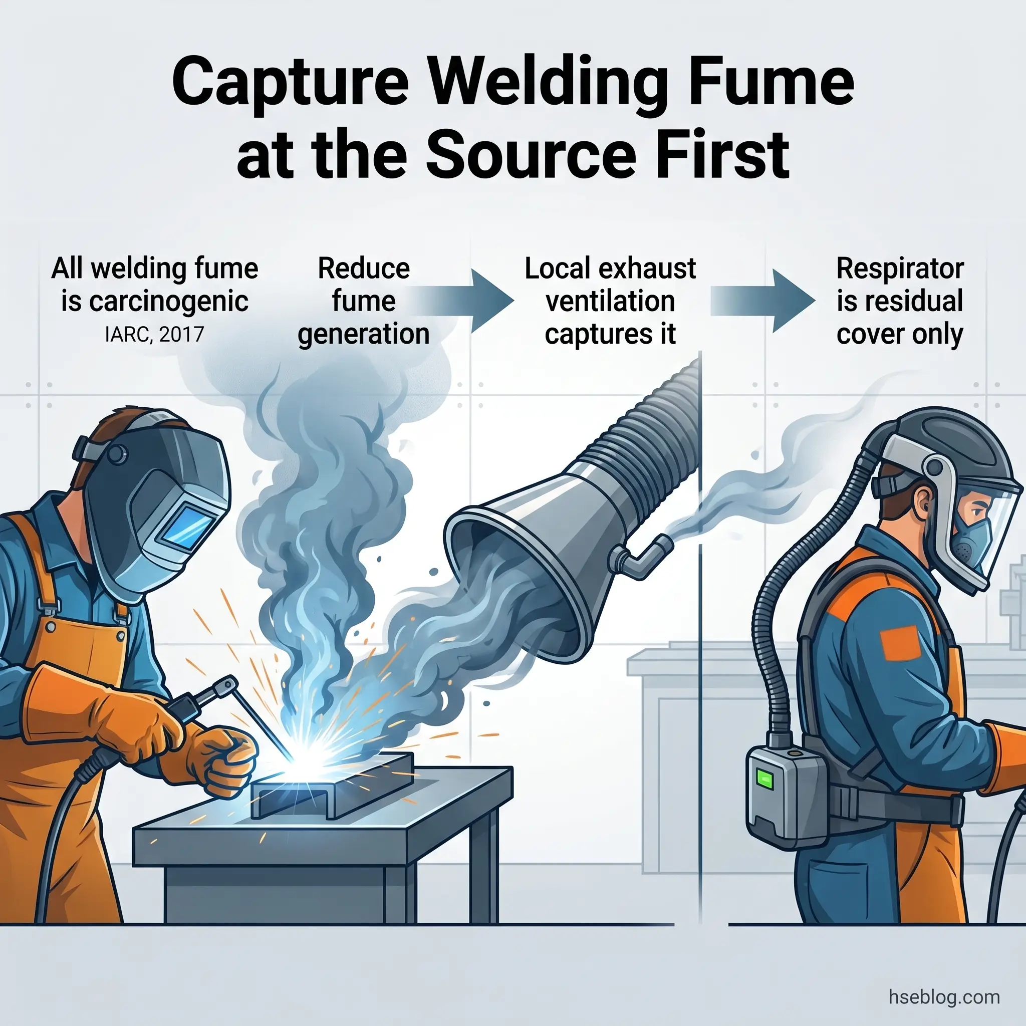 Infographic showing welding fume capture process: welder at left produces carcinogenic fumes, local exhaust ventilation system captures fumes through overhead hood, and worker at right wears respirator as residual protection.