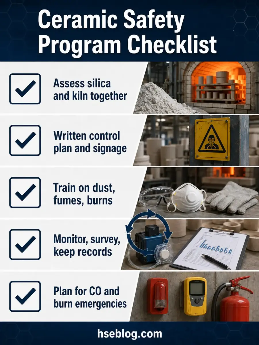 Ceramic Safety Program Checklist displaying five key steps with checkmarks: assess silica and kiln, establish written control plans and signage, train on dust fumes and burns, monitor and keep records, and plan for CO and burn emergencies.