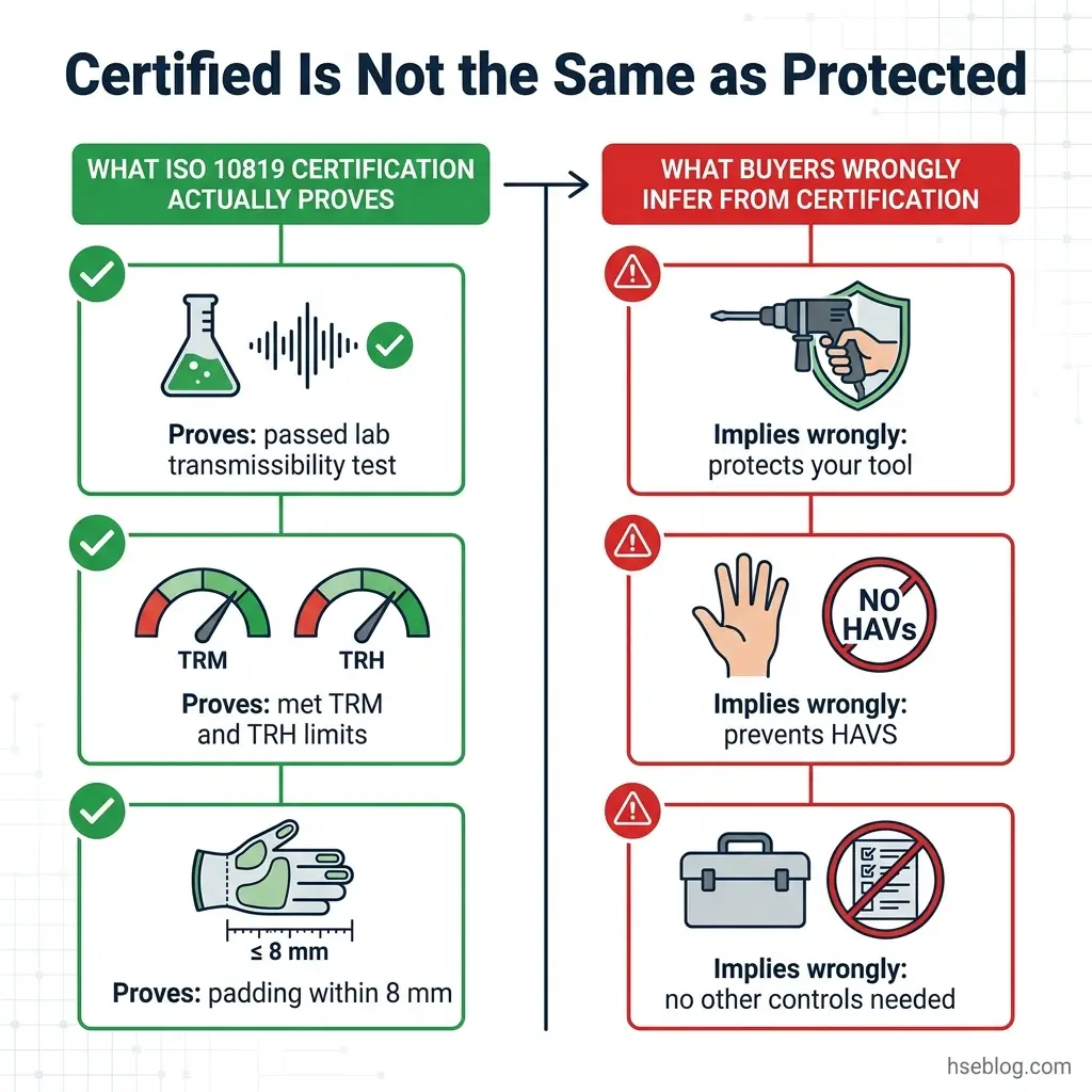 Infographic comparing ISO 10819 certification requirements versus common buyer misconceptions, showing what the certification actually proves versus false implications about tool protection and hazard prevention.