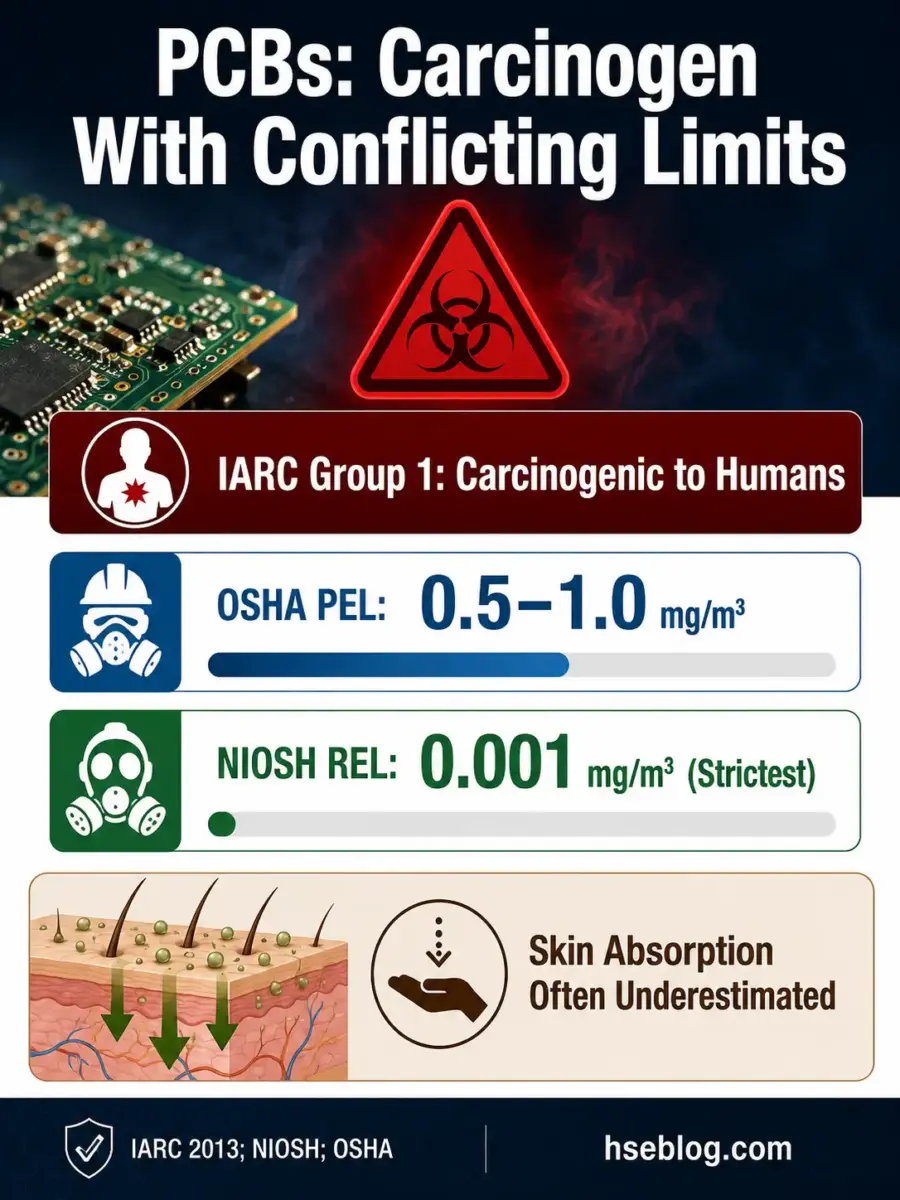 Infographic comparing PCB carcinogen exposure limits, showing OSHA PEL of 0.5-1.0 mg/m³ versus NIOSH REL of 0.001 mg/m³, with notes on skin absorption underestimation and IARC Group 1 classification.