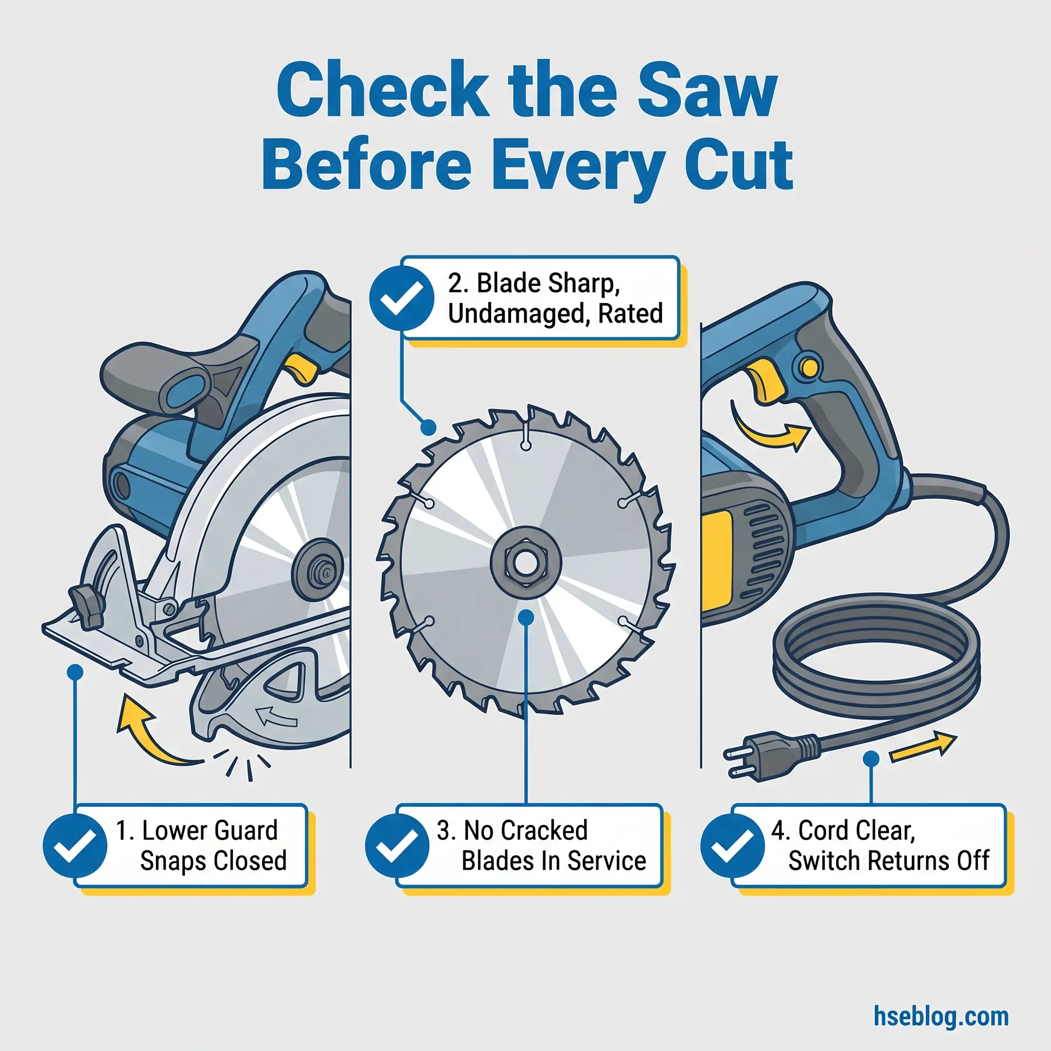 Infographic showing four safety checks for circular saws before cutting: lower guard closed, sharp undamaged blade, no cracked blades, and clear power cord with switch off.