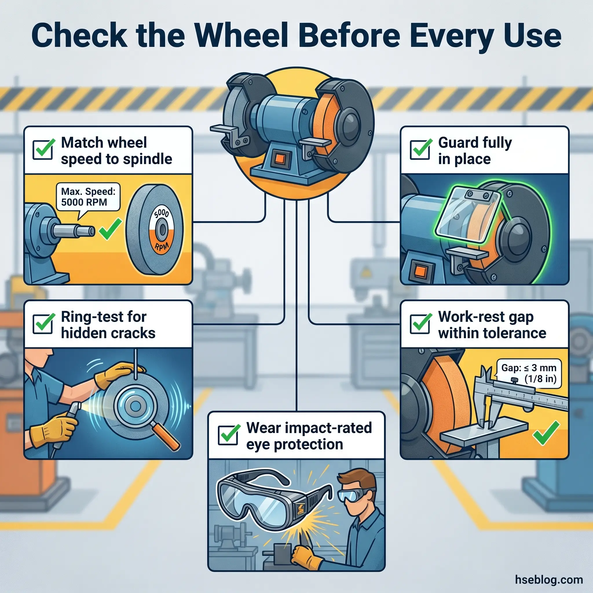 Safety checklist infographic for bench grinder wheel inspection, showing five critical checks: speed matching, guard placement, crack testing, gap tolerance, and eye protection requirements.