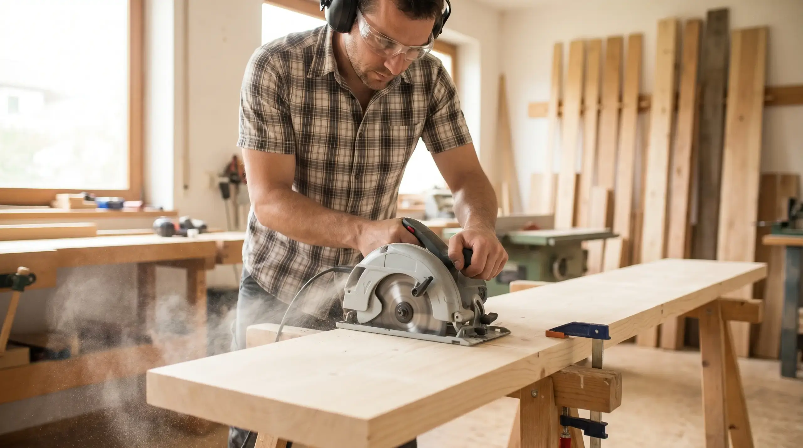Carpenter wearing safety glasses and headphones uses a circular saw to cut a wooden board in a workshop filled with tools and lumber.