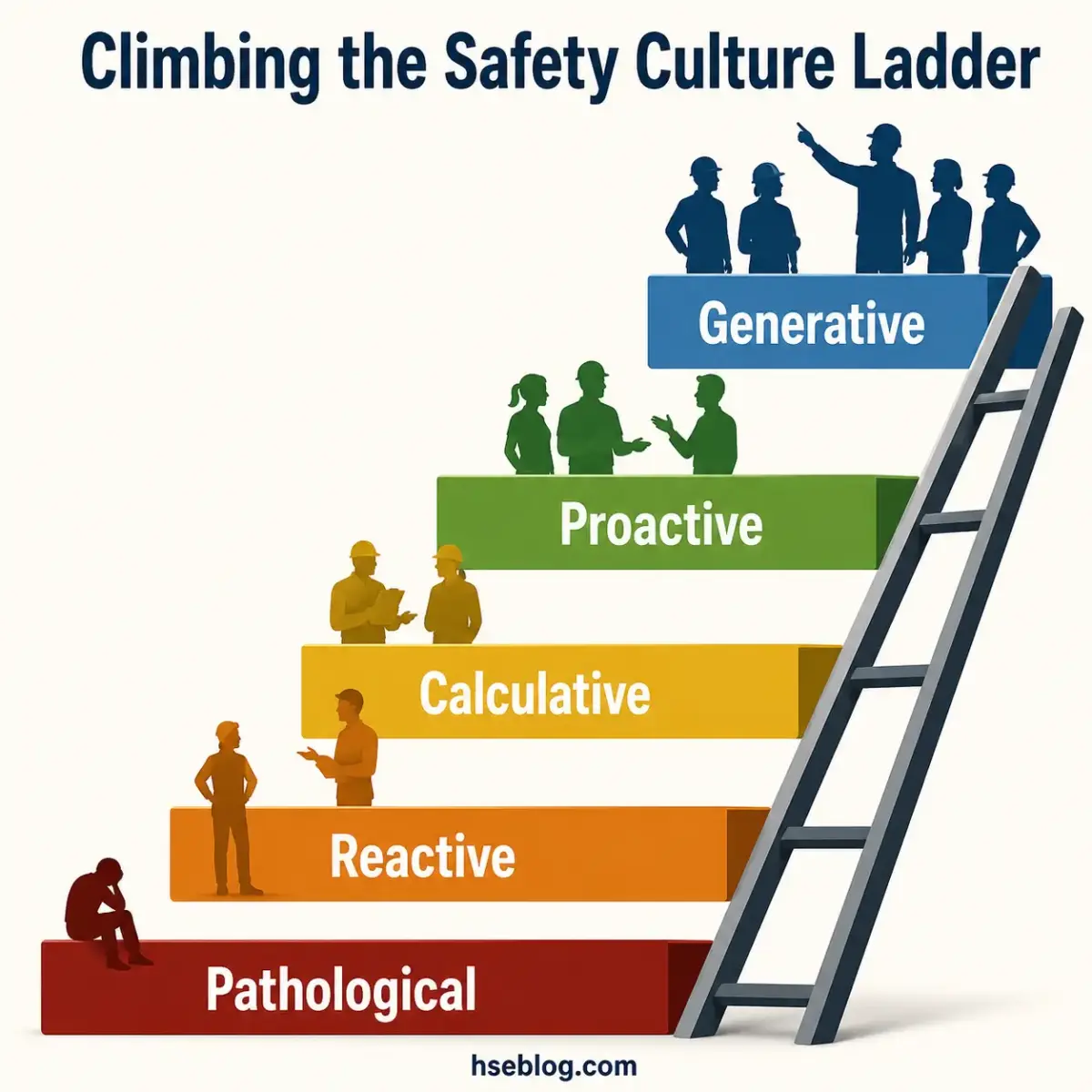 A ladder diagram showing five levels of safety culture from bottom to top: Pathological, Reactive, Calculative, Proactive, and Generative, with silhouettes of workers progressively climbing upward.