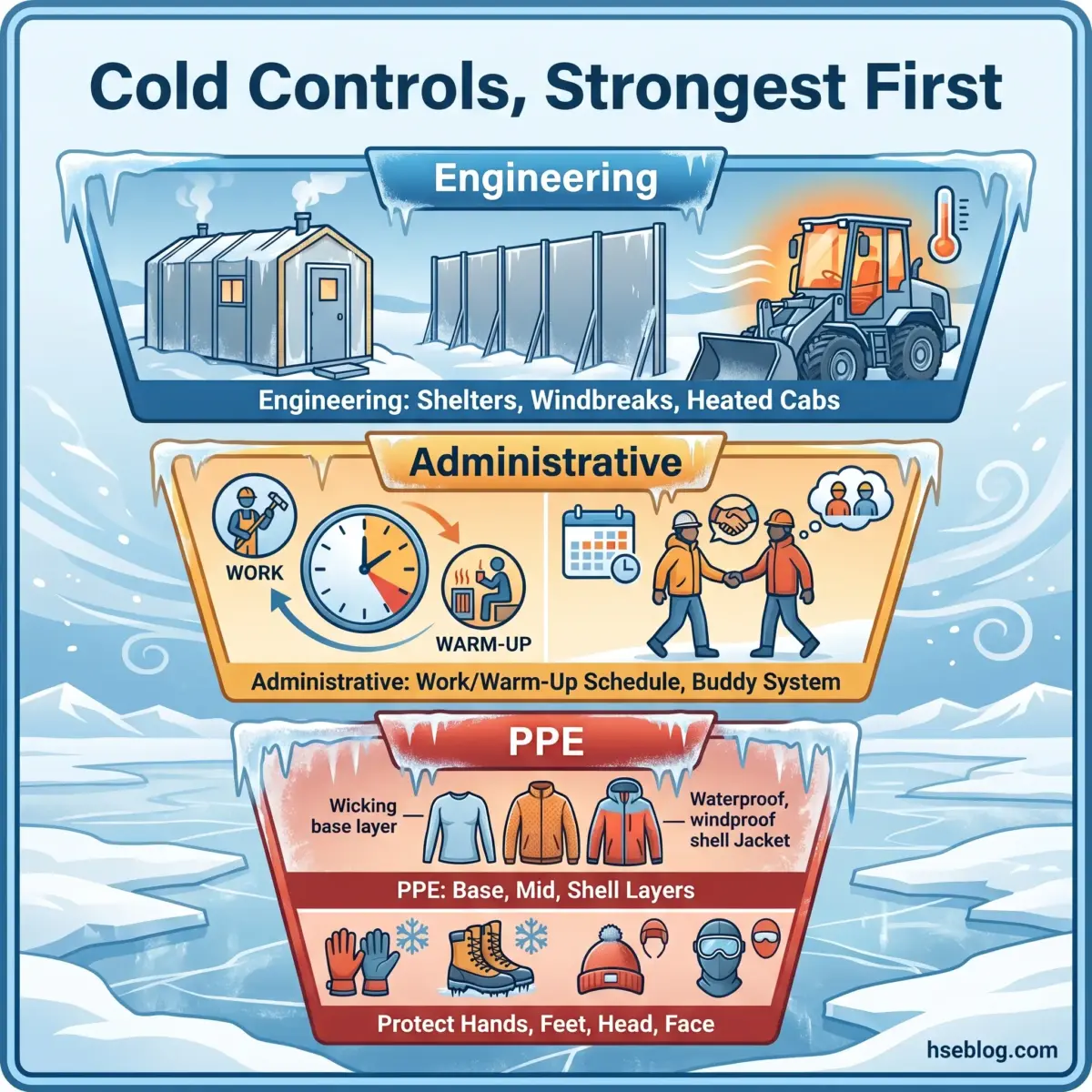 Hierarchical infographic showing cold control safety measures ranked from strongest to weakest: engineering controls like shelters and heated cabs, administrative controls including work schedules and buddy systems, and personal protective equipment with layered clothing and gear for hands, feet, head, and face.