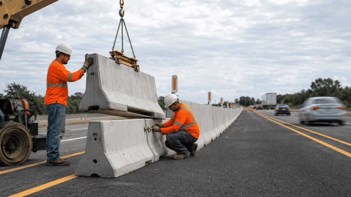 Two construction workers in orange safety vests install concrete barrier blocks along a highway using a crane, with traffic and barrier barriers visible in the background.