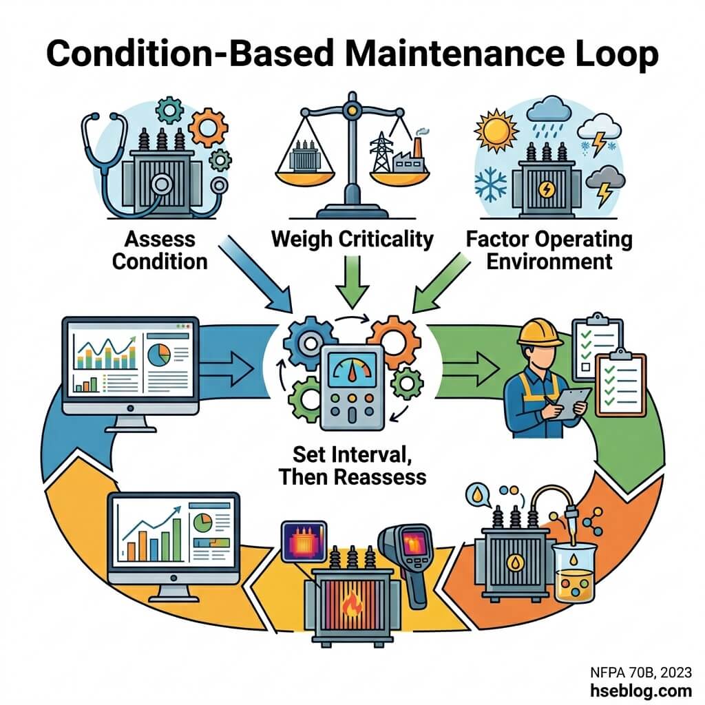 Circular diagram illustrating the condition-based maintenance loop for electrical equipment, showing steps from assessing condition and weighing criticality to factoring operating environment and setting maintenance intervals with field technician oversight.