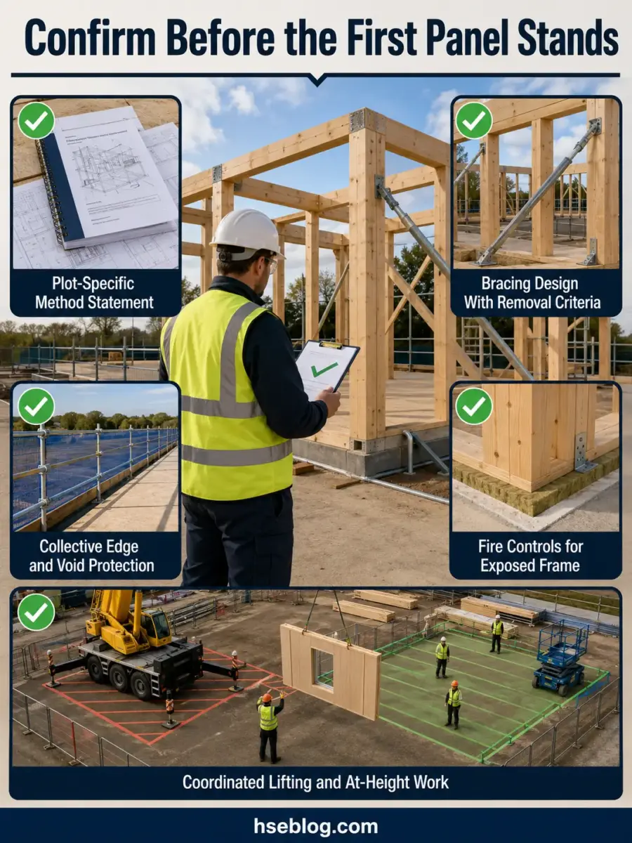 Construction safety checklist showing six critical confirmations before first panel installation: plot-specific method statement, bracing design with removal criteria, collective edge and void protection, fire controls for exposed frame, and coordinated lifting and at-height work procedures.