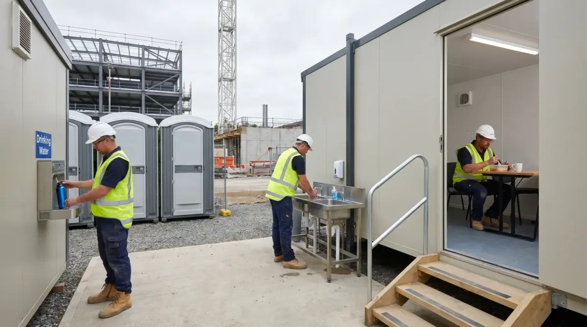 Construction workers in safety vests and hard hats use portable site facilities including a drinking water dispenser, hand washing station, and modular break room cabin on an active building site.
