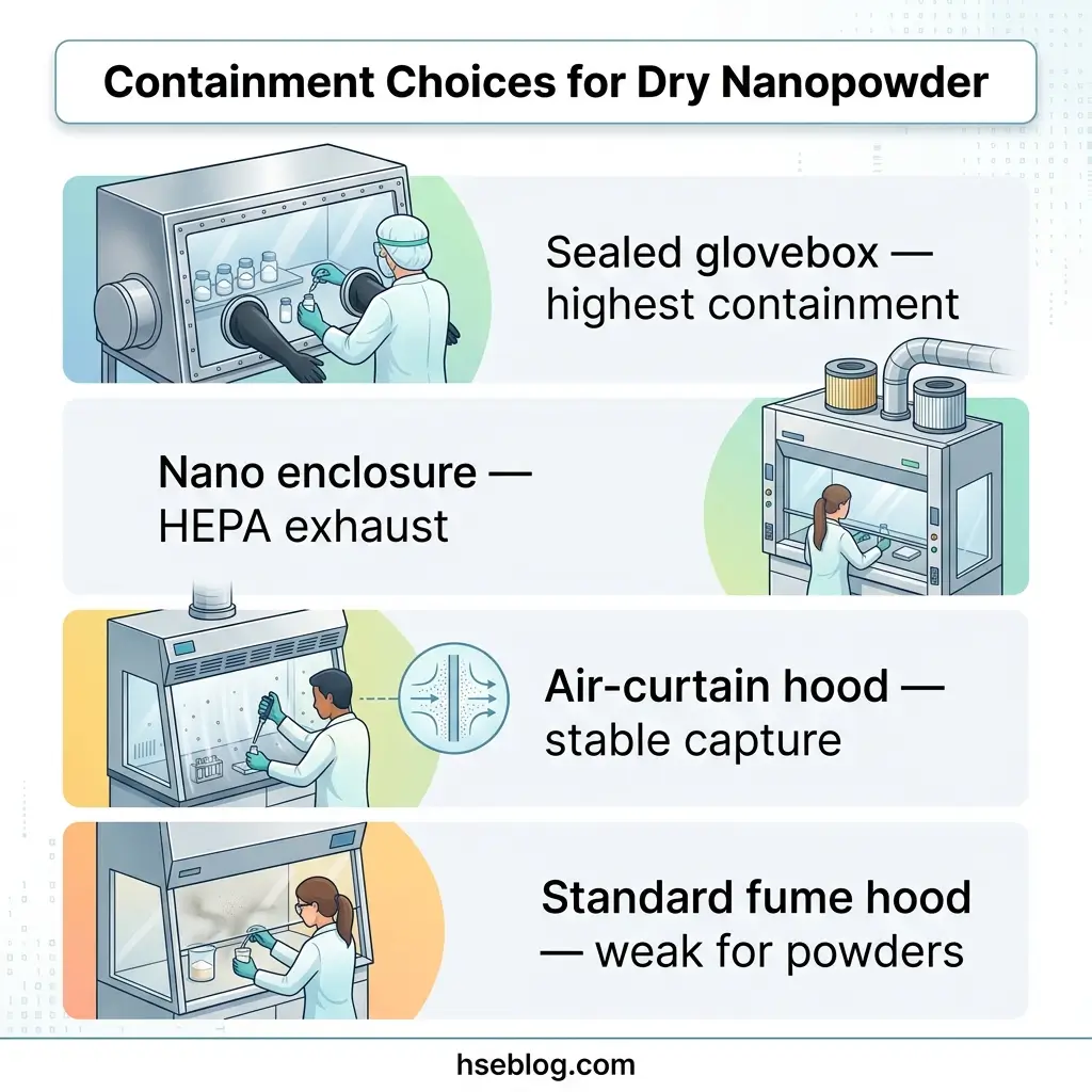 Infographic showing four containment options for dry nanopowder: sealed glovebox with highest containment, nano enclosure with HEPA exhaust, air-curtain hood with stable capture, and standard fume hood noted as weak for powders.