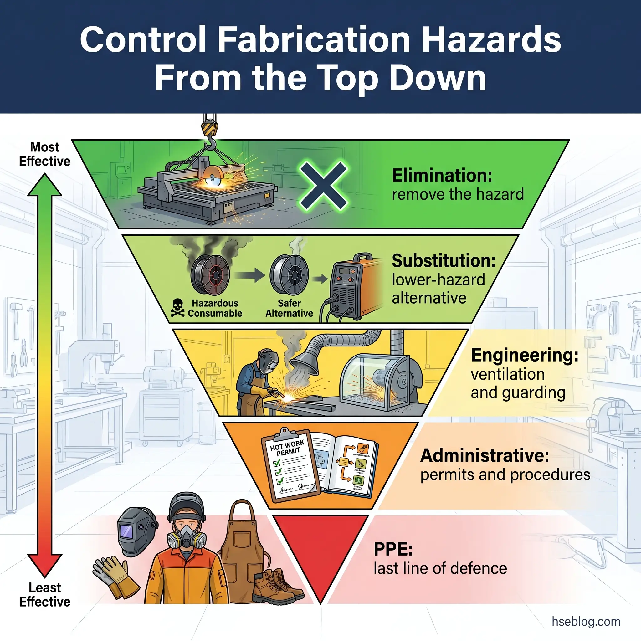 Hierarchy of controls pyramid showing five levels for managing fabrication hazards from most to least effective: elimination, substitution, engineering controls, administrative controls, and personal protective equipment.