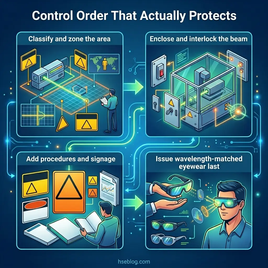 Infographic showing four steps for laser safety control orders: classifying hazard zones, enclosing equipment with interlocks, establishing procedures and warning signs, and providing wavelength-matched protective eyewear.
