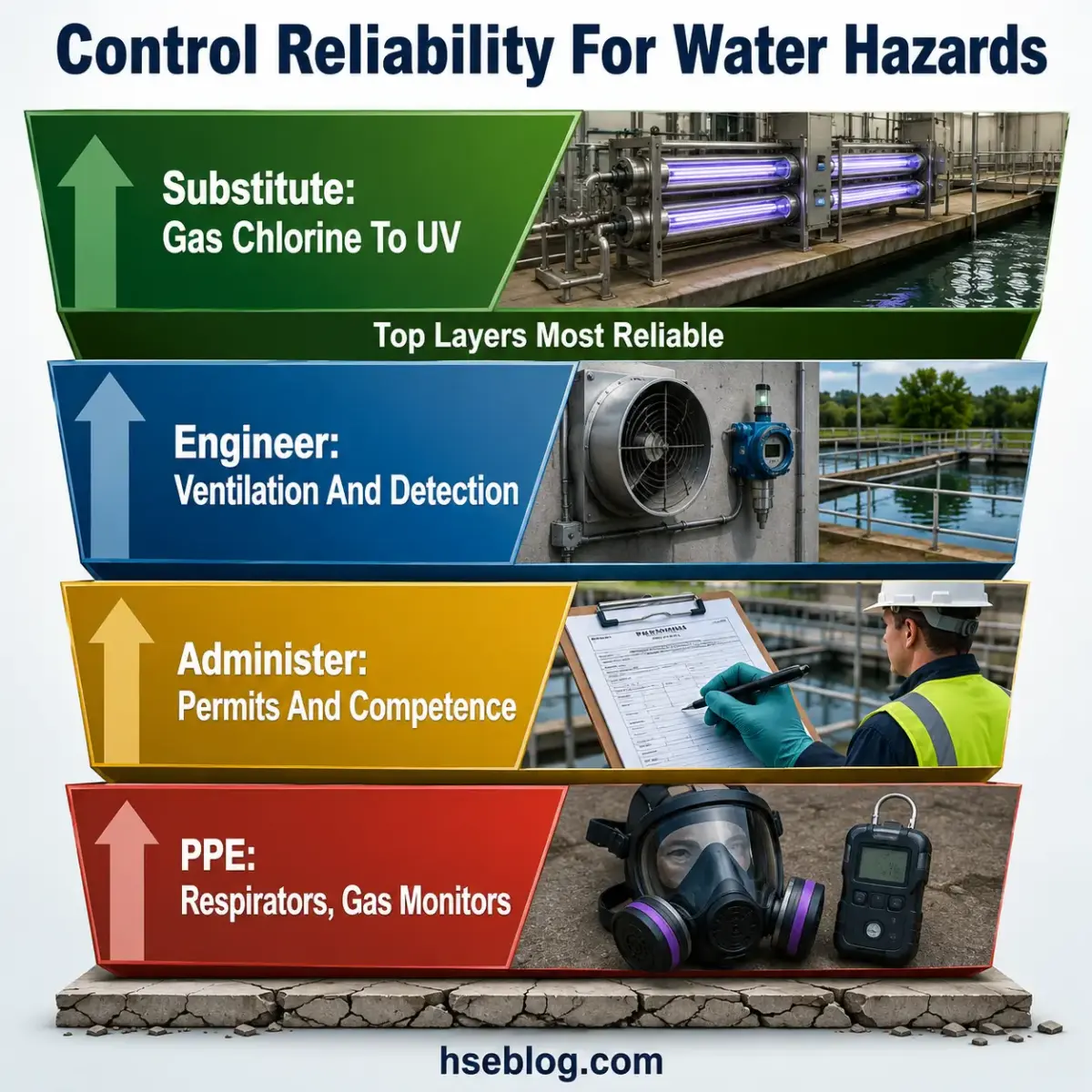 Hierarchical diagram showing four control reliability layers for water hazards, from bottom to top: PPE including respirators and gas monitors, administrative controls for permits and competence, engineering controls for ventilation and detection, and substitution of gas chlorine with UV treatment systems.