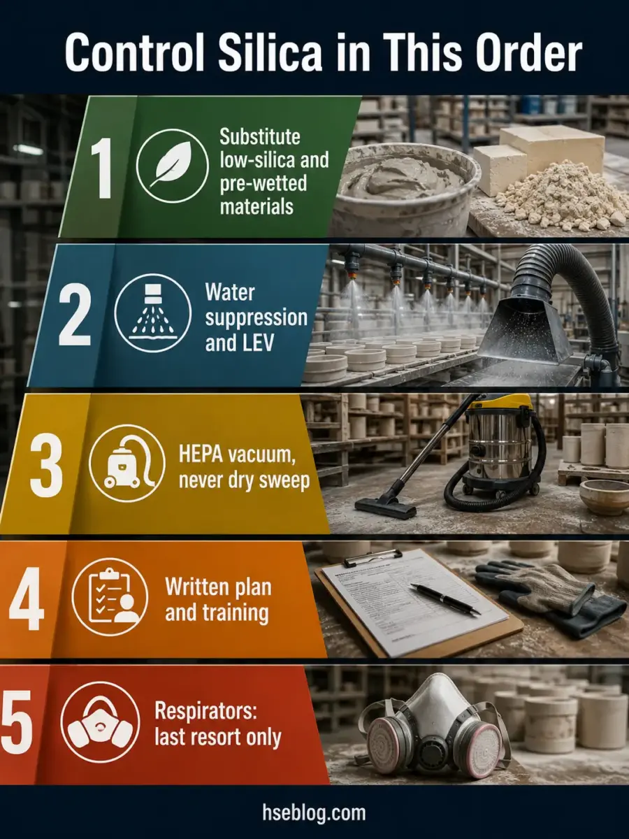 Infographic showing five methods to control silica dust on construction orders, including low-silica materials, water suppression, HEPA vacuums, training plans, and respirators as last resort.