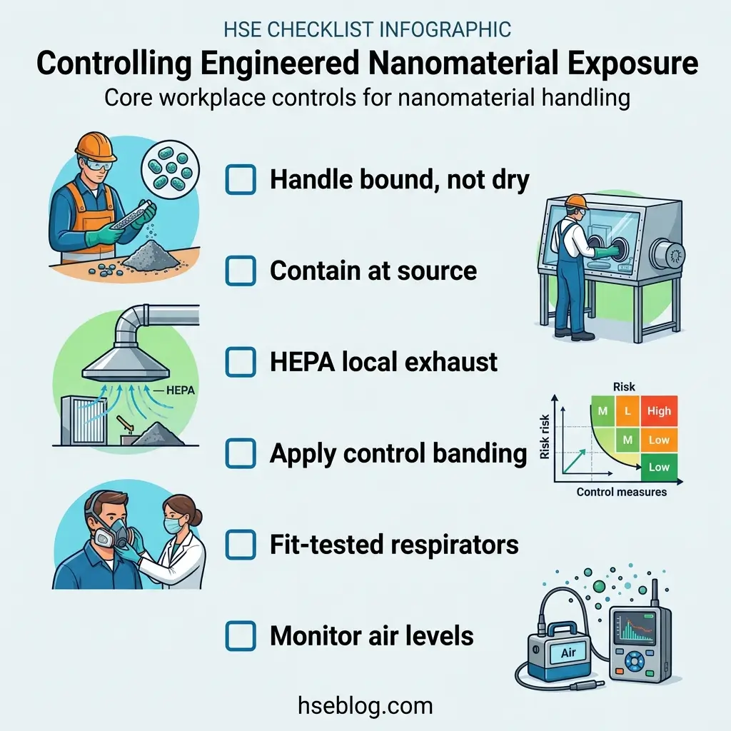 HSE checklist infographic showing six core workplace controls for engineered nanomaterial exposure: bound materials, source containment, HEPA exhaust, control banding, fit-tested respirators, and air monitoring, with risk assessment chart.