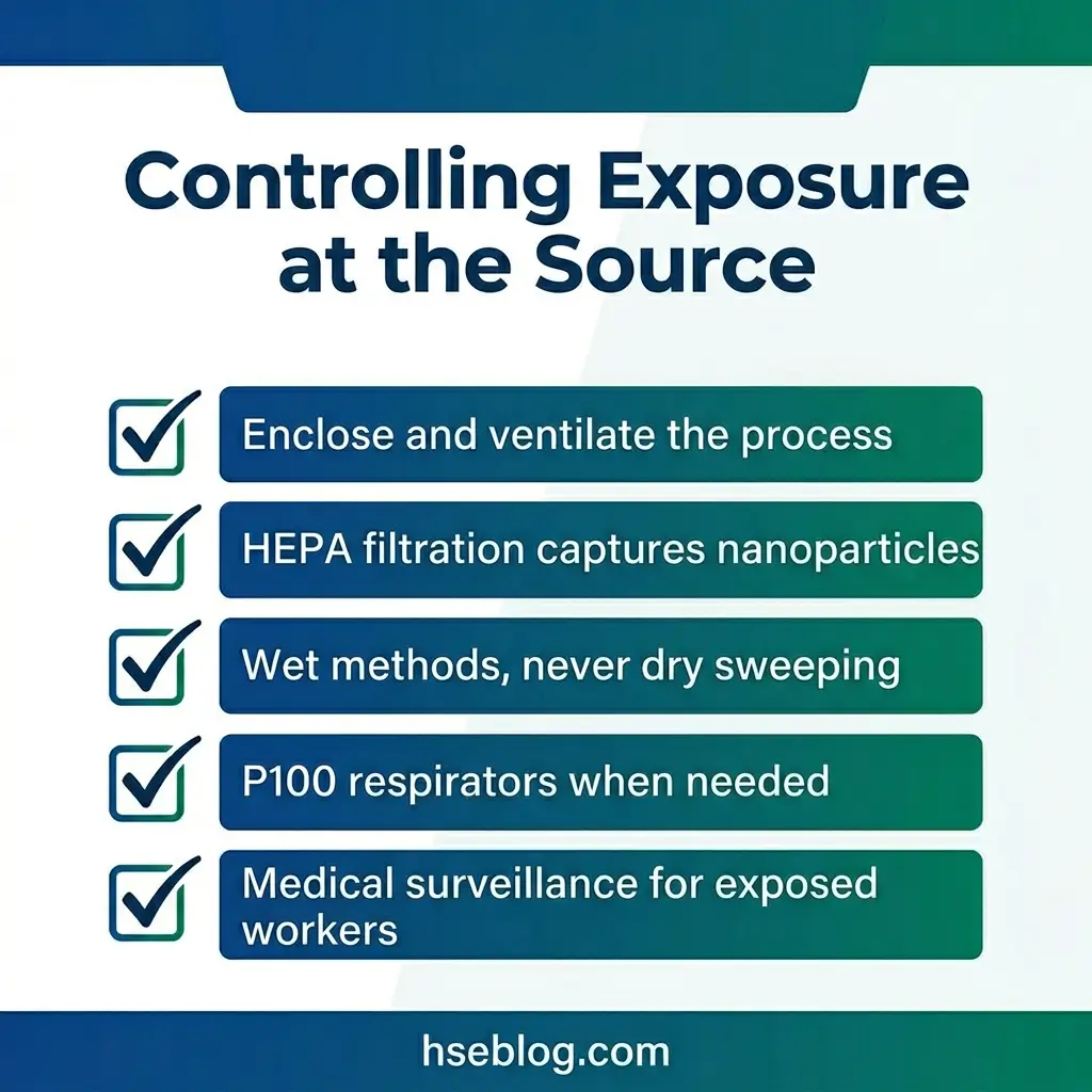 Infographic listing five key methods for controlling exposure at the source, including process enclosure, HEPA filtration, wet cleaning methods, respirators, and medical surveillance for workers.