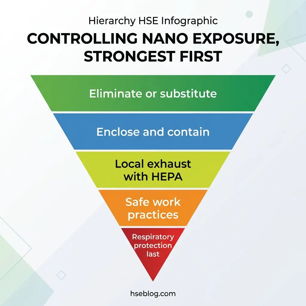 Inverted pyramid hierarchy chart showing five levels of nano exposure control methods, from strongest at top (eliminate or substitute) to weakest at bottom (respiratory protection), with color-coded bands for each control strategy.