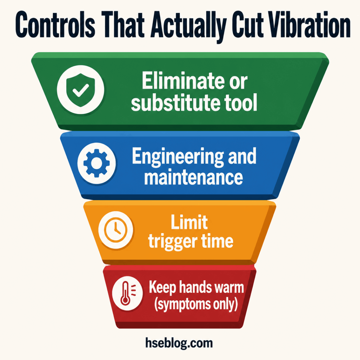 A four-tier pyramid chart showing effective vibration control methods in order of priority: eliminate or substitute tool at top, followed by engineering and maintenance, limit trigger time, and keep hands warm for symptom management at bottom.