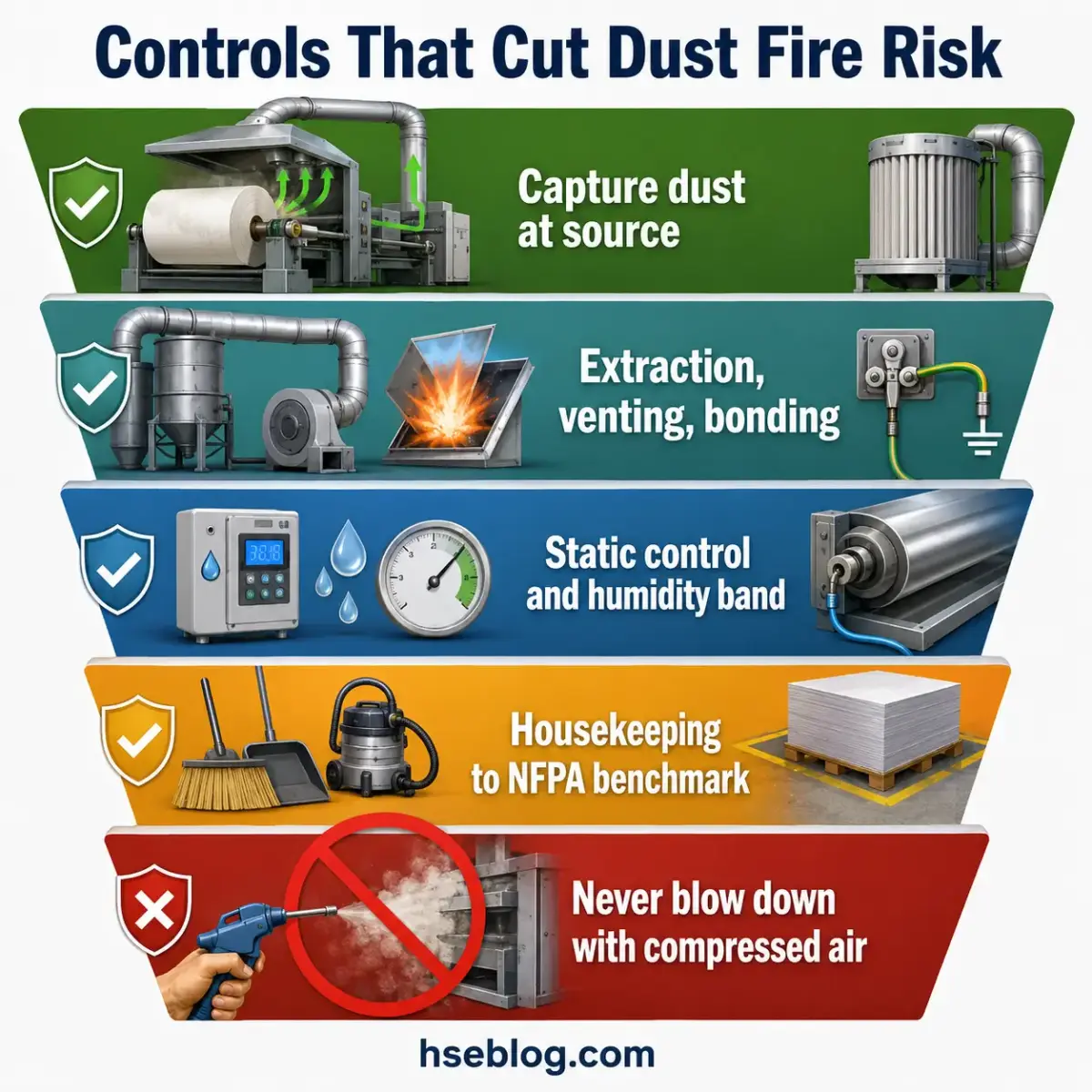Infographic showing five recommended controls to reduce dust fire risk, including source capture, extraction and venting, static control, housekeeping standards, and a prohibited practice of using compressed air.