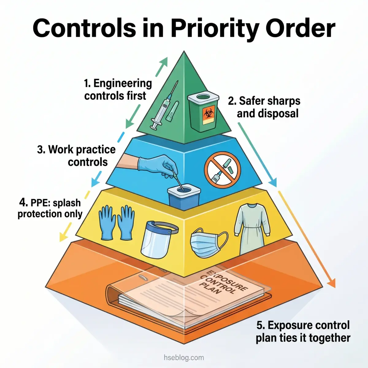 Hierarchical pyramid diagram showing five-level priority order of workplace safety controls, from engineering controls at top through exposure control plan at base, with icons illustrating each level.