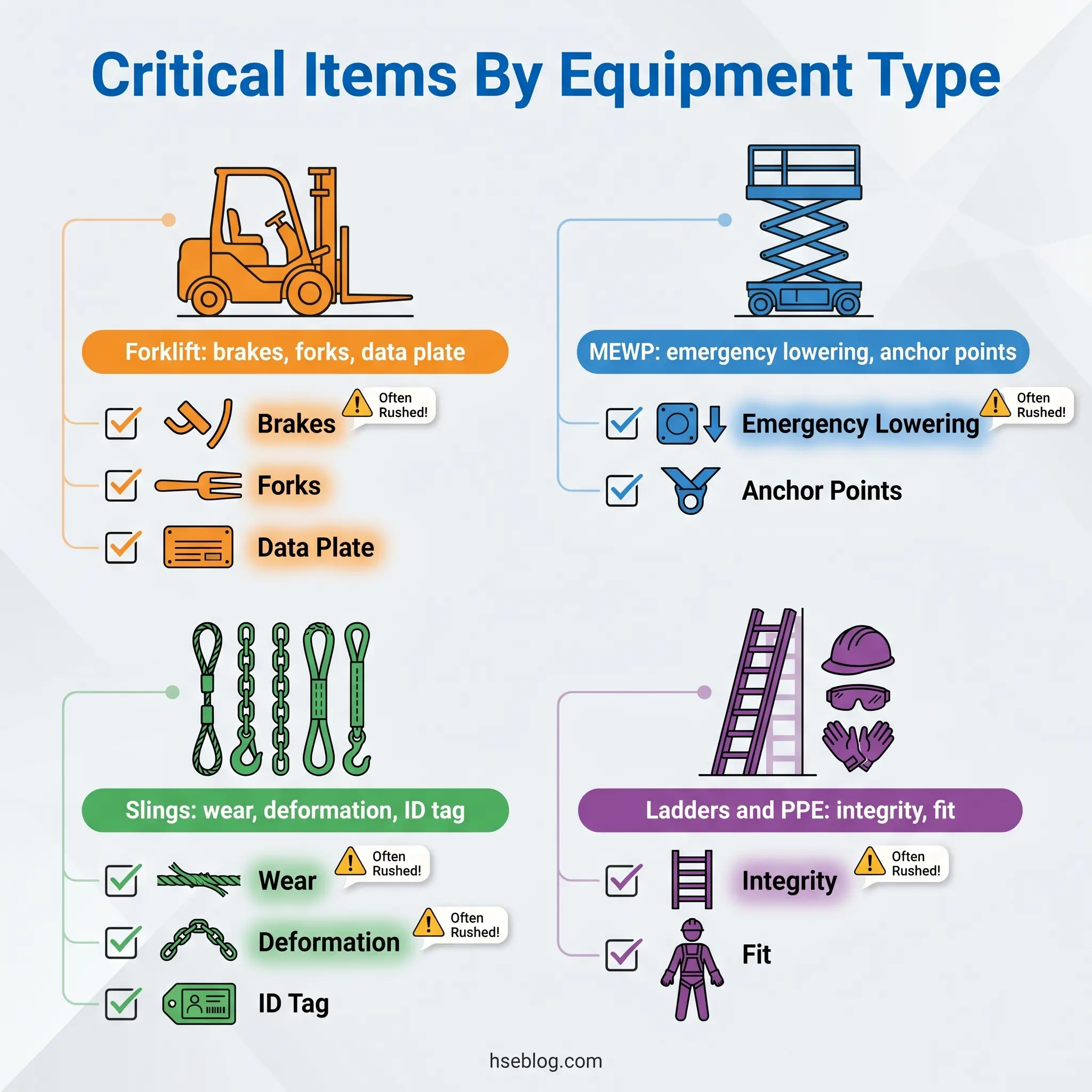 Infographic showing critical safety inspection items for four equipment types: forklifts, aerial lifts, slings, and ladders with PPE, each listing specific components to check regularly.