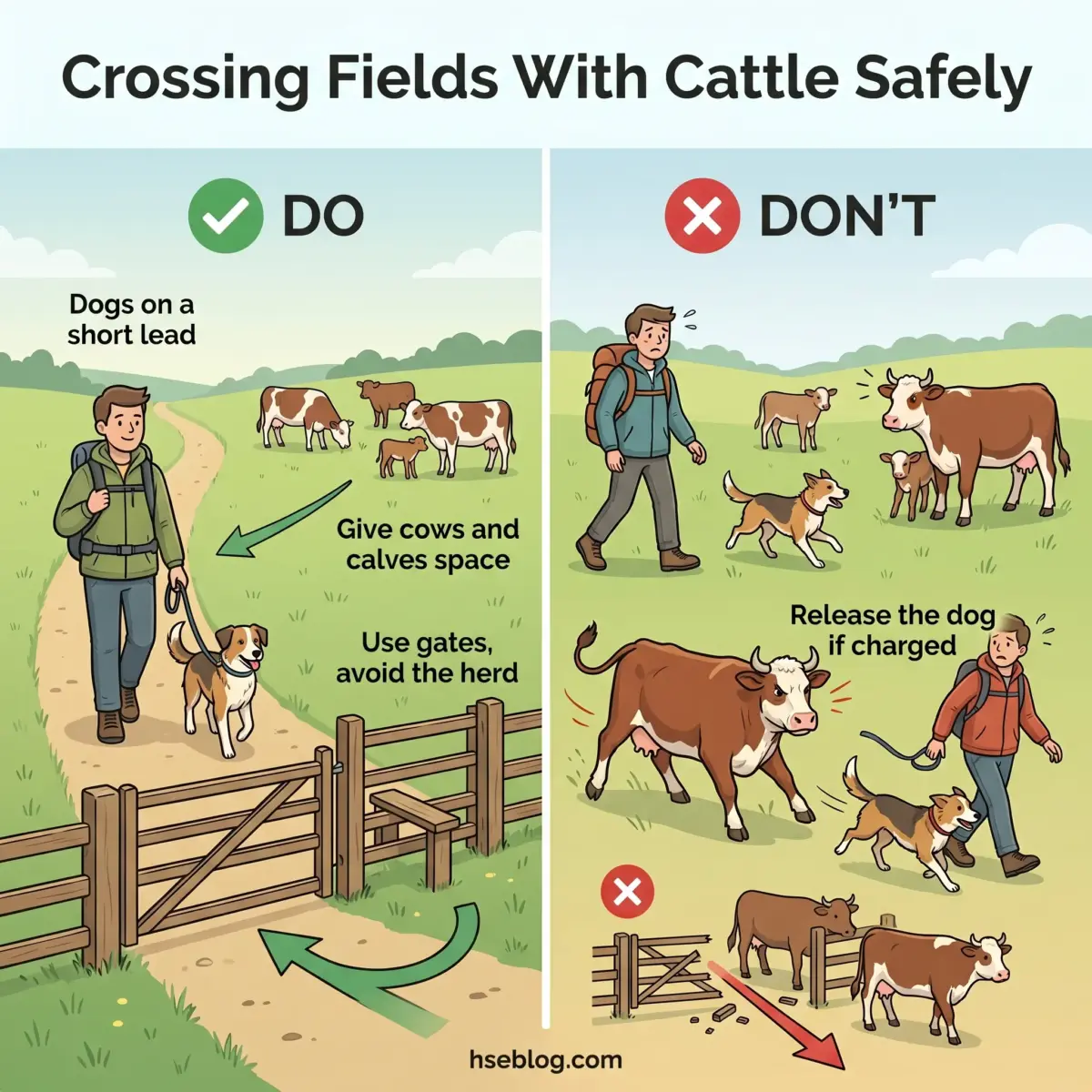 Infographic showing safe and unsafe practices for crossing fields with cattle, including keeping dogs on leash, using gates, and avoiding confrontation with charged animals.