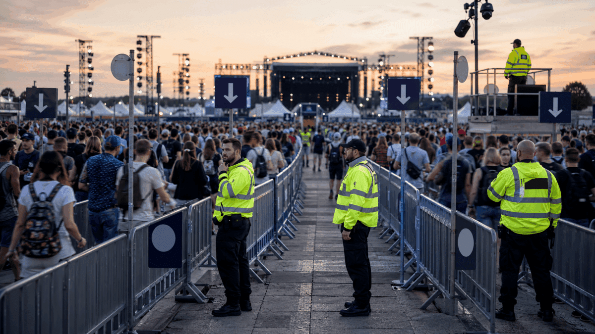 Security personnel in high-visibility jackets monitor a large outdoor music festival crowd during dusk, with a main stage, lighting rigs, and barrier-lined pathways visible in the background.