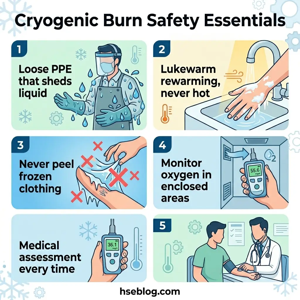 Infographic showing five essential safety guidelines for cryogenic burn prevention, including PPE requirements, rewarming techniques, clothing precautions, oxygen monitoring, and medical assessment procedures.