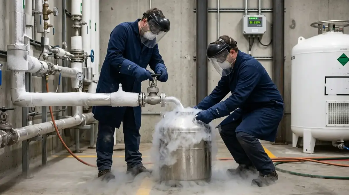 Two technicians in protective gear handle cryogenic liquid nitrogen in an industrial facility, with visible vapor and piping systems in the background.
