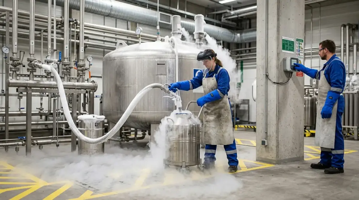 Two workers in blue uniforms handle liquid nitrogen transfer equipment in an industrial facility, with visible vapor and large storage tanks in the background.
