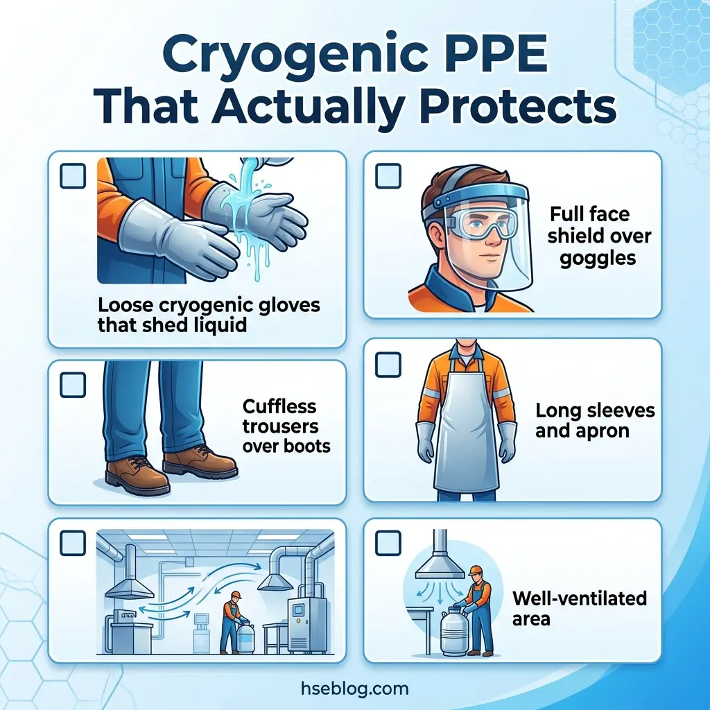 Illustrated guide showing six essential cryogenic PPE recommendations including loose gloves, face shield, cuffless trousers, long sleeves, and proper ventilation for safe handling of liquid nitrogen.