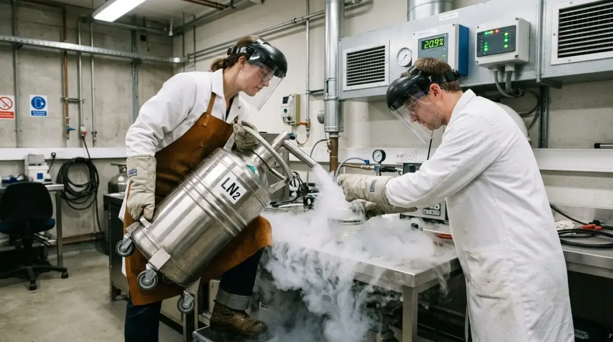 Two scientists in protective gear handle a liquid nitrogen container labeled LNB in a laboratory, with visible vapor and monitoring equipment in the background.