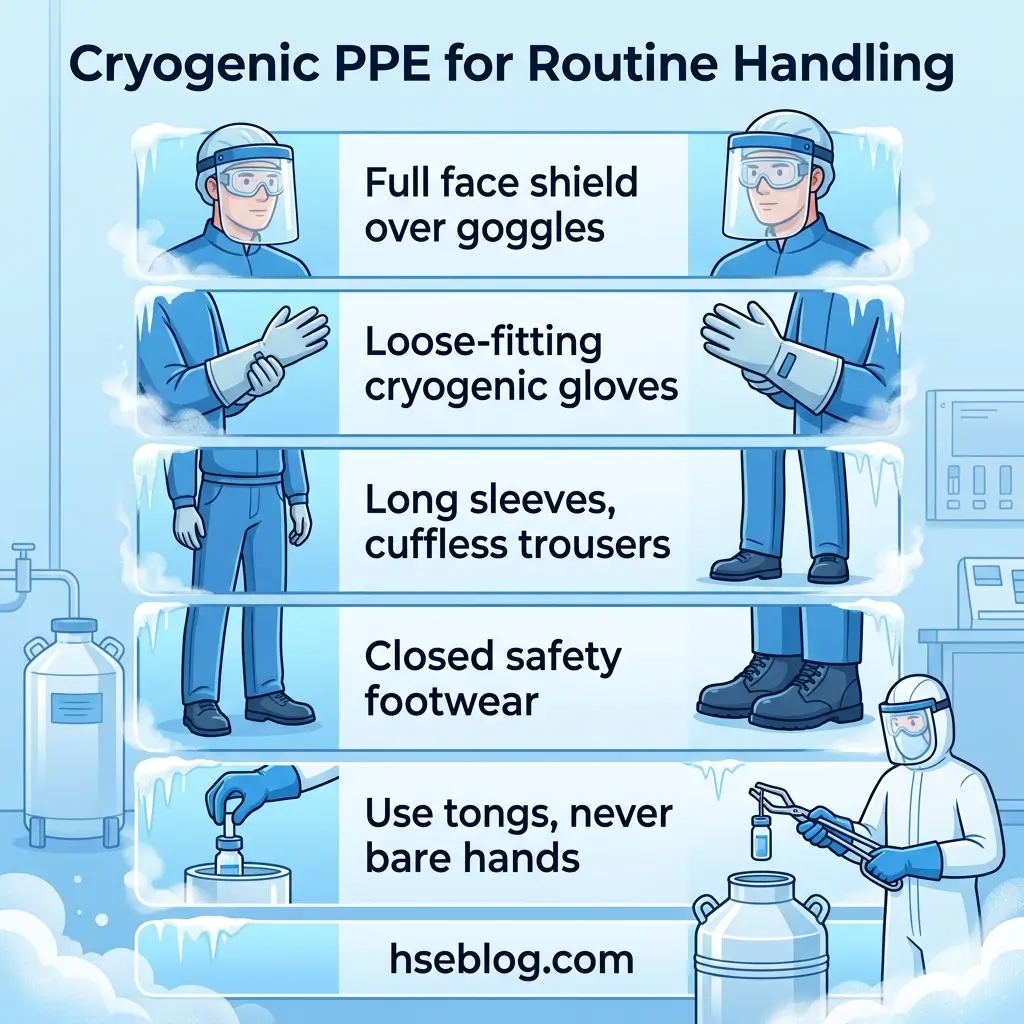 Infographic showing six essential safety requirements for handling cryogenic materials, including face shield, gloves, long sleeves, closed footwear, and tong usage instructions.