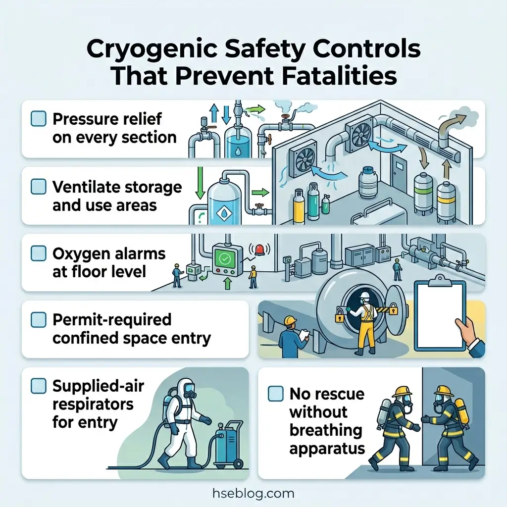 Infographic showing six essential cryogenic safety controls: pressure relief on every section, ventilation of storage areas, oxygen alarms at floor level, permit-required confined space entry, supplied-air respirators for entry, and no rescue without breathing apparatus.