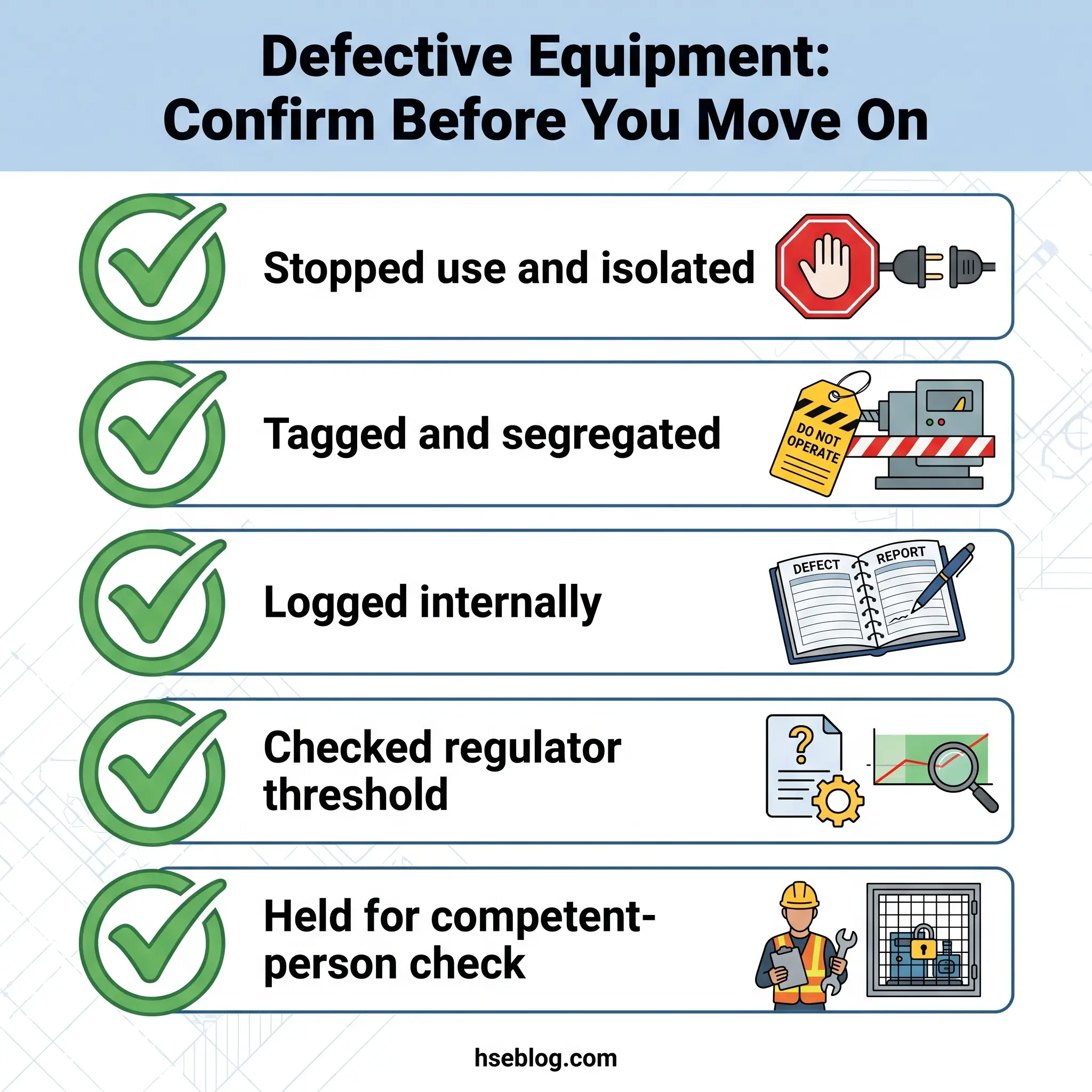 Infographic showing five steps to confirm defective equipment before use: stop and isolate, tag and segregate, log internally, check regulator threshold, and hold for competent-person check.