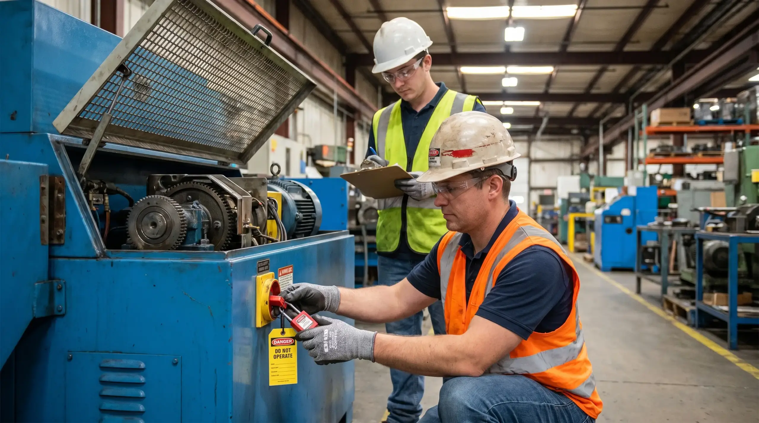 Two workers in safety gear inspect industrial machinery in a factory warehouse, with one applying a lockout tag to equipment while the other observes and takes notes.