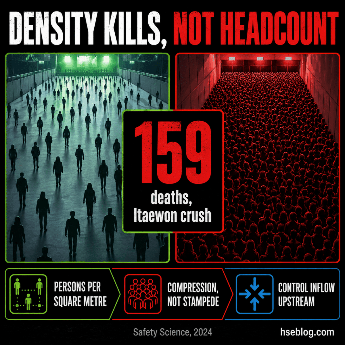Infographic explaining the Itaewon crush tragedy, showing crowd density comparison and safety factors including persons per square meter, compression dynamics, and inflow control as contributing causes to the 159 deaths.