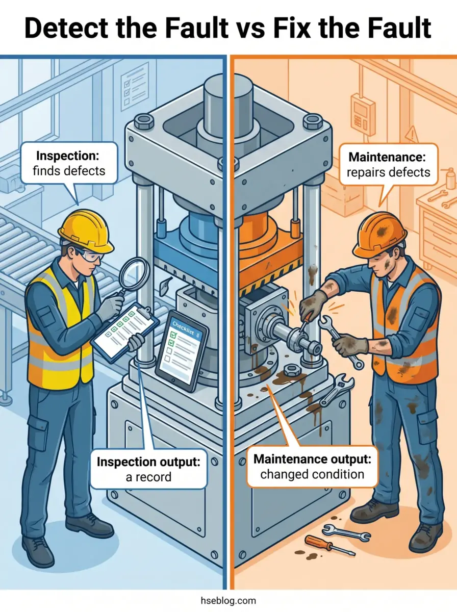 Illustrated comparison showing inspection worker documenting equipment defects on the left versus maintenance worker actively repairing machinery with tools on the right.